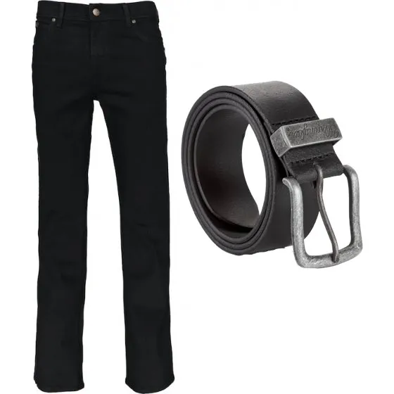 Wrangler Texas Stretch Jeans Sort m. Læderbælte 42/32