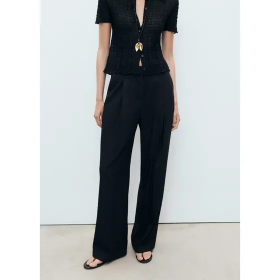 Mango Wide Pleated bukser, sort — bredt ben, mellemhøj talje