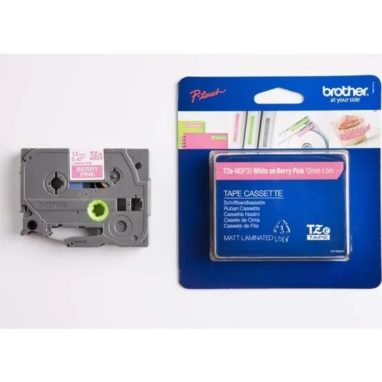 Brother TZe-MQP35 Mat Lamineret Tape, 12mm, Hvid på Pink