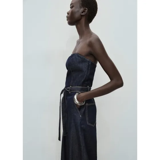 Ukendt mærke Stropløs denim jumpsuit med bælte