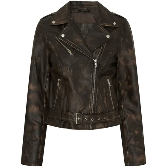 Notyz Bikerjakke i lammeskind med bælte - Walnut