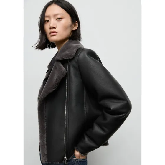 Mango faux leather bikerjakke med pelseffekt, sort