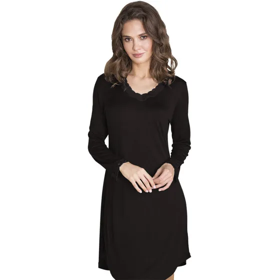 Lady Avenue Silke Natkjole, Langærmet Jersey – Sort