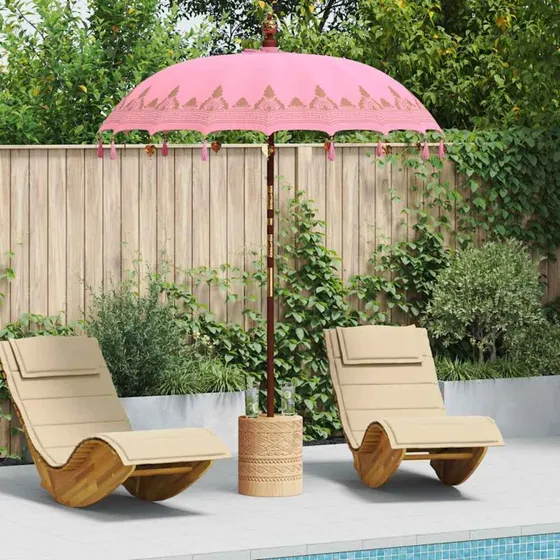 vidaXL Balinesisk parasol med base, Lyserød, 185 x 185 x 260 cm