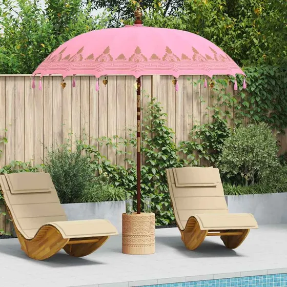 vidaXL Balinesisk parasol med base, Lyserød, 215 x 215 x 260 cm