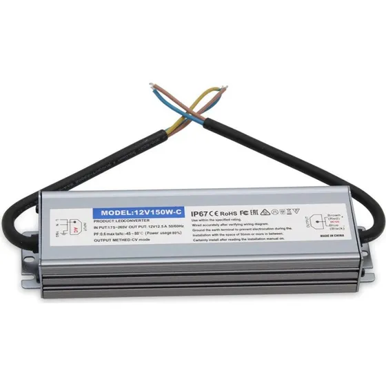 Vandtæt 150W strømforsyning - 12V DC, 12,5A - IP67