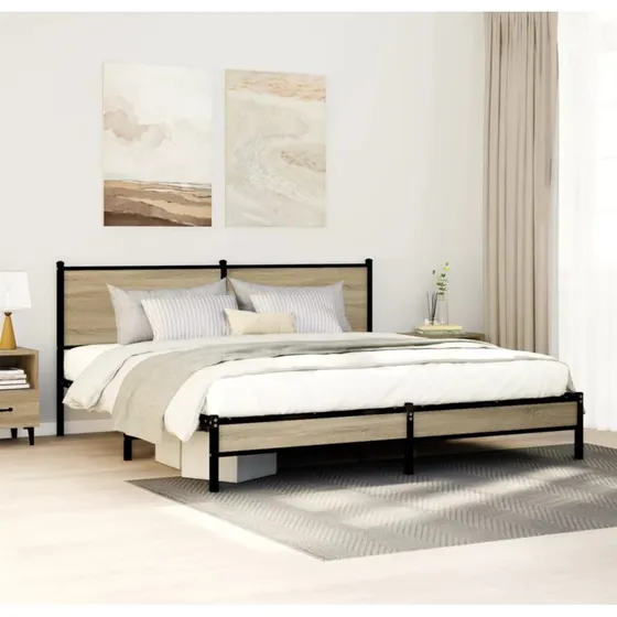 vidaXL sengeramme 160x200 cm i metal med sengegavl, sonoma-eg