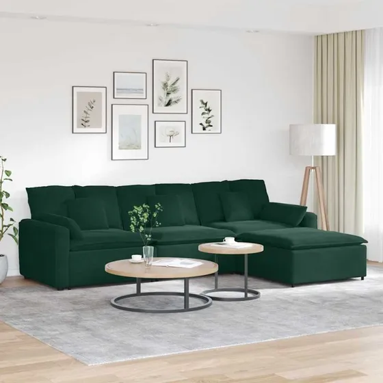 vidaXL modulsofa med fodskammel og hynder - mørkegrøn fløjl