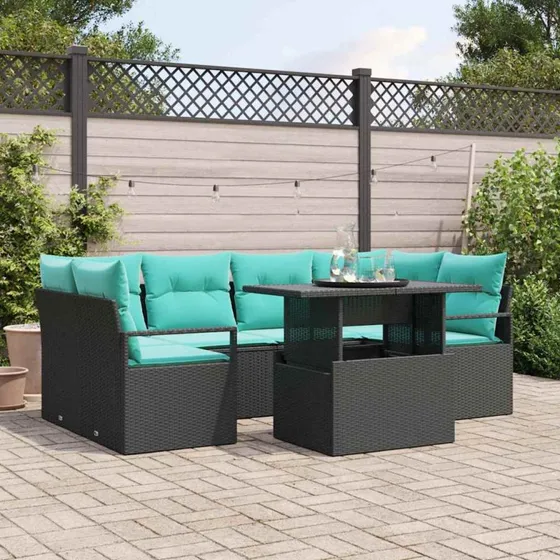 vidaXL Havesofa Sæt 7 stk. Polyrattan Sort/Blå