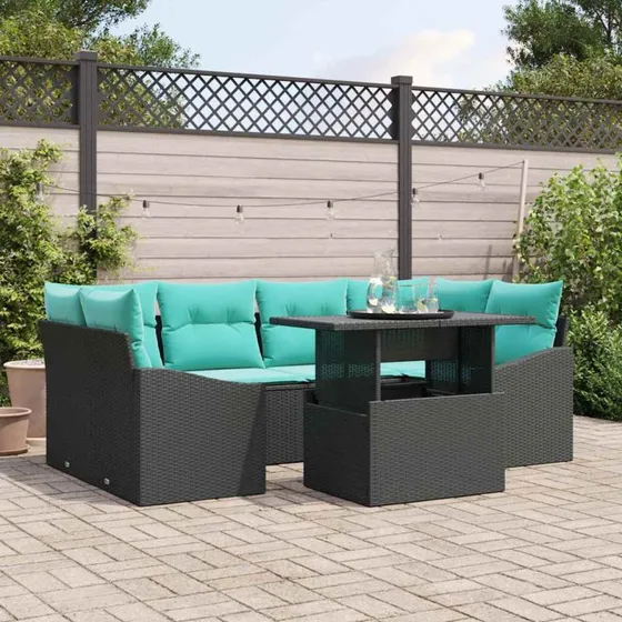 vidaXL Havesofa Sæt 7 stk. Sort og Blå Poly Rattan