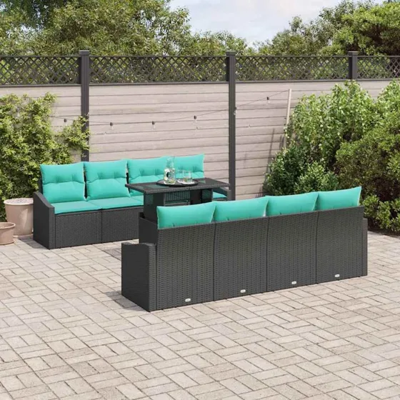 vidaXL Havesofa Sæt 7 stk. Sort og Blå Polyrattan