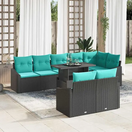 vidaXL Havesofa Sæt 9 stk. Sort og Blå Polyrattan