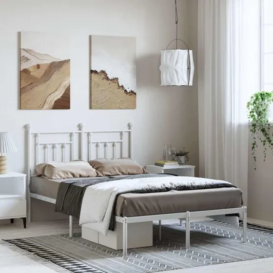 vidaXL sengeramme med sengegavl 135x190 cm - hvid metal