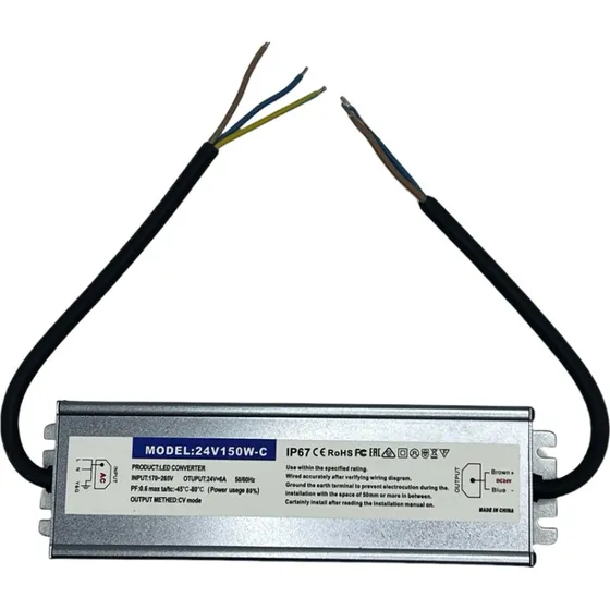 Vandtæt 150W 24V DC strømforsyning, IP67 til LED-belysning