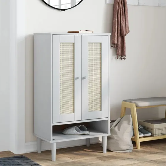 vidaXL skoskab SENJA 59,5x35x107 cm hvid rattan-look