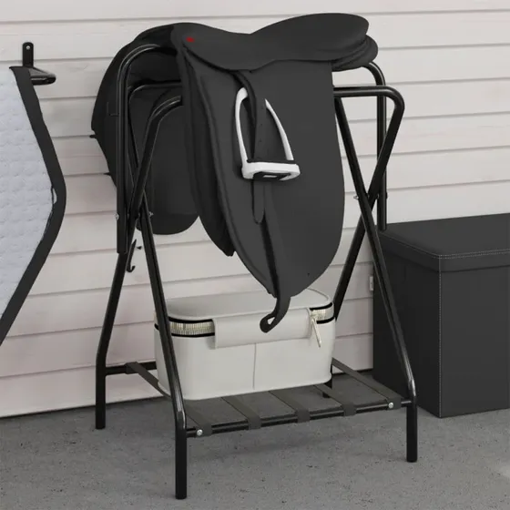 vidaXL foldbar sadelholder i sort jern med bundhylde