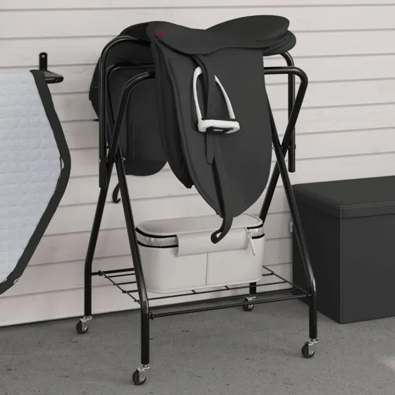 vidaXL foldbar sadelholder i sort jern med hylde