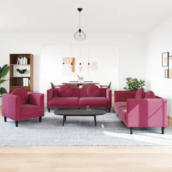 vidaXL Sofasæt 3 dele i vinrød velour med pyntepuder