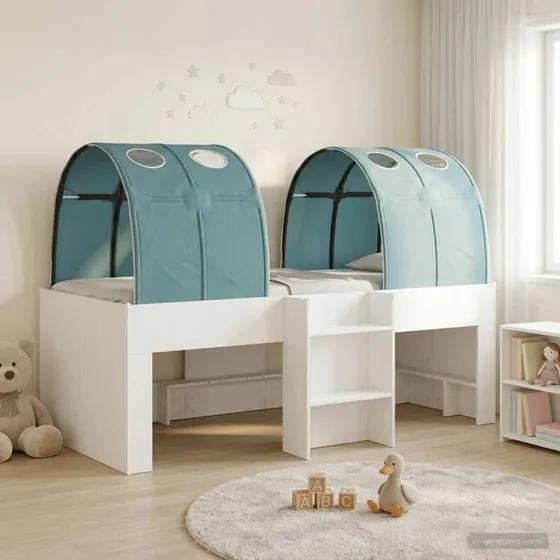 vidaXL Kids' høj seng med tunnel - hvid og lyseblå