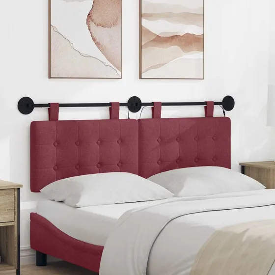 vidaXL Hængende sengegavl med LED-lys, vinrød stof, 150 x 55 cm