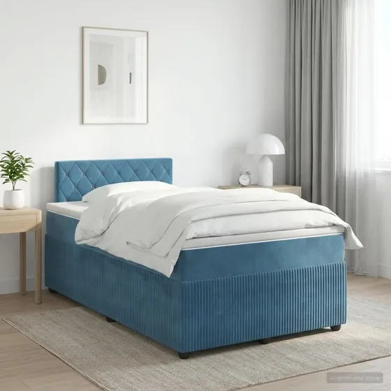 vidaXL Boxmadras med topmadras og hovedgærde, Blå Fløjl, 120x190 cm