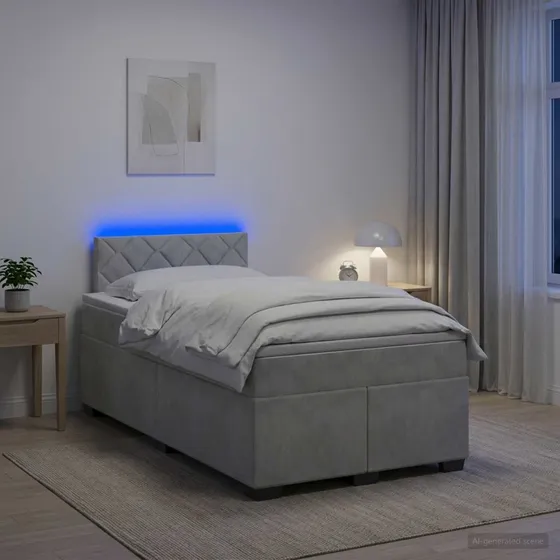 vidaXL Box Spring Seng med LED, Velour, Lysegrå, 120 x 200 cm