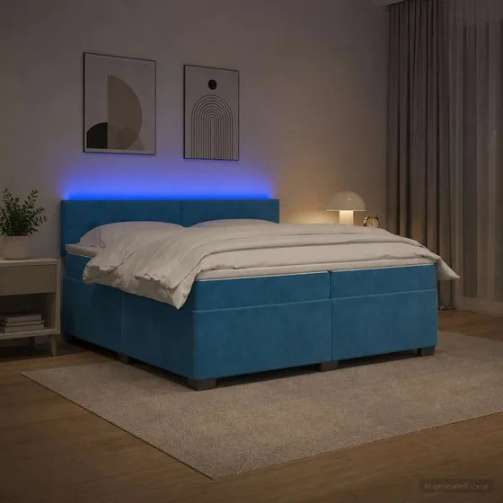 vidaXL Box Spring Seng med LED, blå velour, 200 x 200 cm
