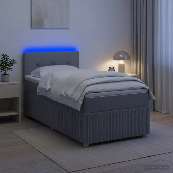 vidaXL Box Spring Seng med LED, Lysegrå, 90 x 190 cm