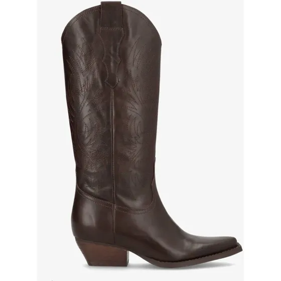 FRANKIE Cowboystøvle lang i mørkebrun læder, hæl 4,8 cm