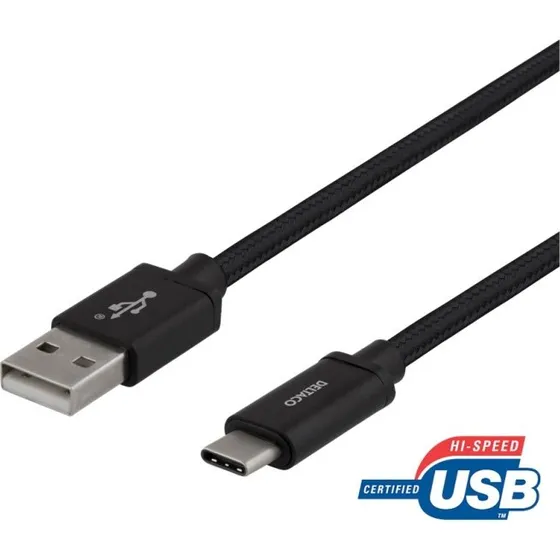 DELTACO USB-A til USB-C kabel, 1m, flettet, sort