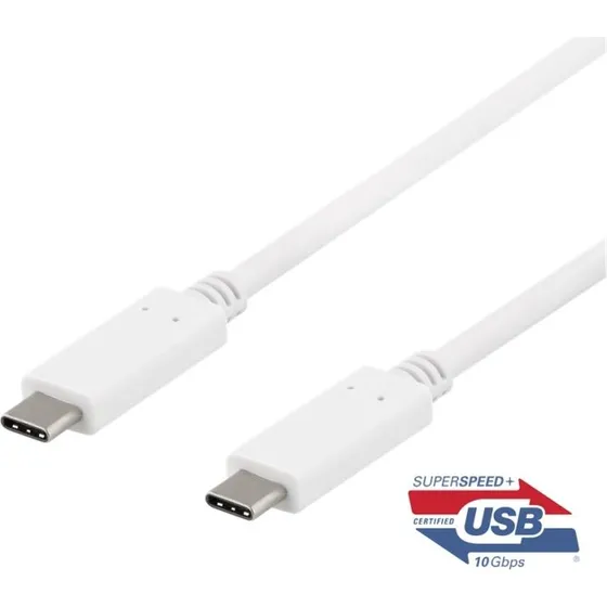 DELTACO USB-C til USB-C kabel, 0.5m, 10Gbps, 100W, Hvid