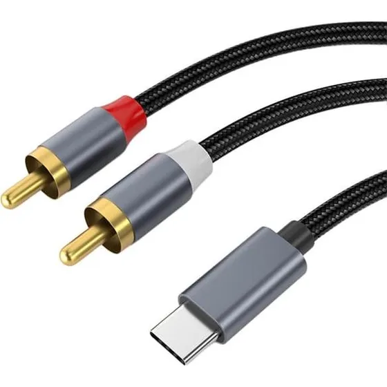 NÖRDIC USB-C til RCA kabel, 1,2m, nylonflettet til lyd
