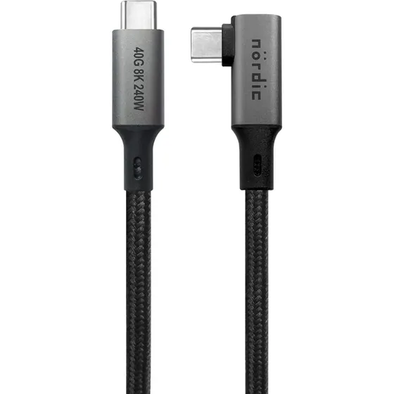 NÖRDIC USB4 USB-C til C 240W vinklet kabel, 50 cm, grå