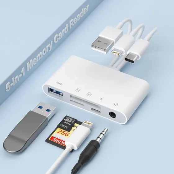 NÖRDIC Multikortlæser Lightning, USB-C & USB-A til SD/MicroSD/AUX