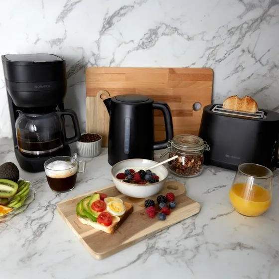 Champion Frokostserie Matte Black - Sæt med vandkoger, brødrister og kaffemaskine