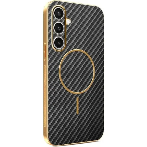 SKALO Samsung S25 FE Kulstof Fiber Guldkant Cover - Sort