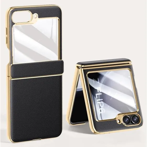 SKALO Samsung Z Flip7 FE PU-Læder Cover - Sort med Guldkant