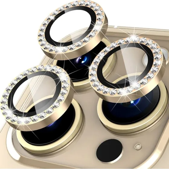 iPhone 16 Pro/Max Kameralinsebeskytter - Guld med Rhinestone