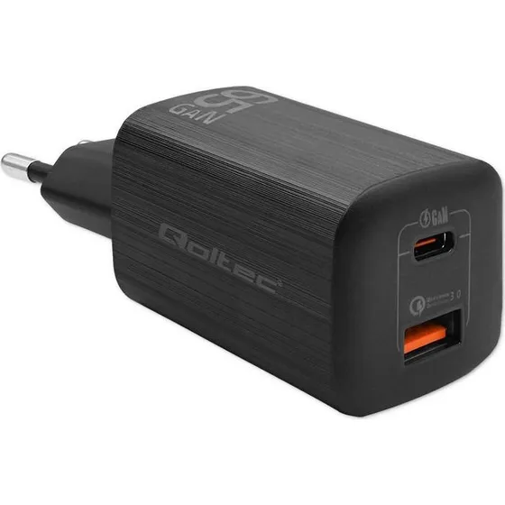 Qoltec GaN Vægoplader 65W - USB-C & USB-A - Sort