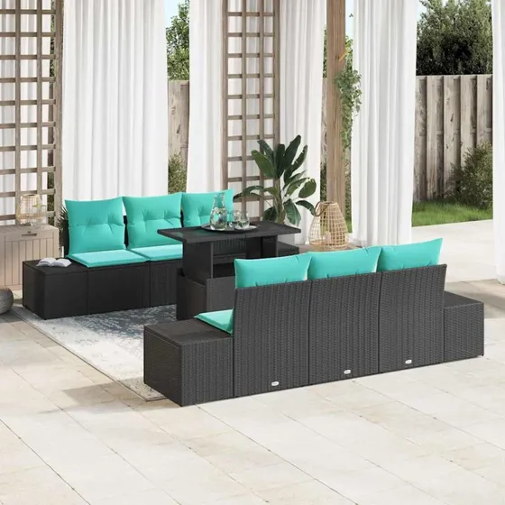 vidaXL Sofa Sæt 7 stk. Polyrattan Sort/Blå