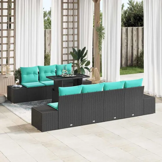 vidaXL Sofa Sæt 8 dele, 7 personer, Sort/Blå Polyrattan