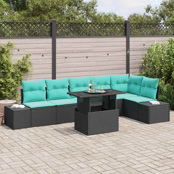 vidaXL Havesofa Sæt 7 dele - Sort og Blå Polyrattan