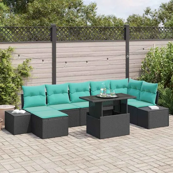 vidaXL Havesofa Sæt 8 stk. Sort og Blå Polyrattan