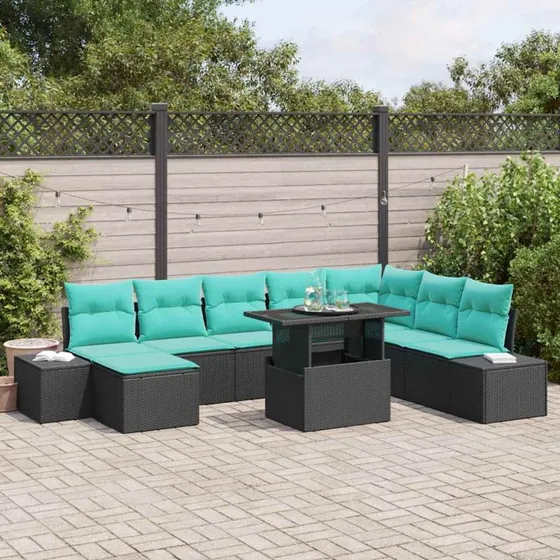 vidaXL Havesofa Sæt 9 stk. Sort og Blå Polyrattan