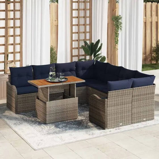 vidaXL Havesofa Sæt 9 stk. 8-personers Polyrattan - Grå/Marineblå