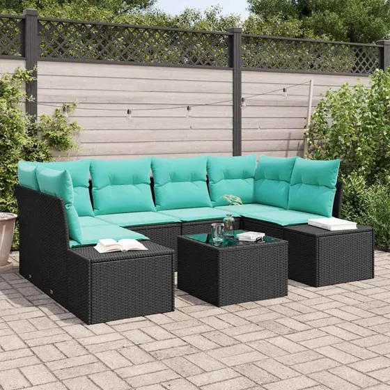 vidaXL Havesofa Sæt 8 stk. Sort og Turkis Polyrattan
