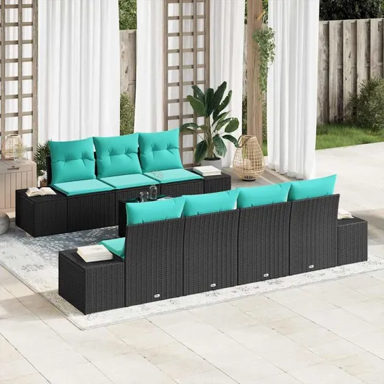 vidaXL Havesofa Sæt 8 stk. Sort og turkis polyrattan