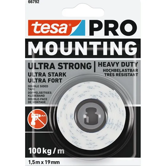 Tesa Pro stærk dobbeltklæbende monteringstape 19 mm x 15 m