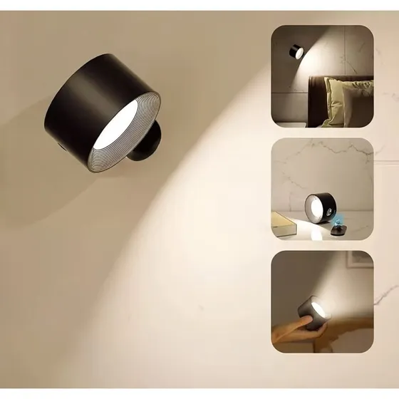 Genopladelig væglampe CCT 4,5W Sort Rund 360° roterbar