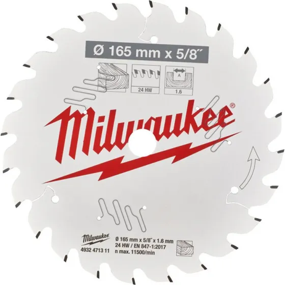 Milwaukee rundsavsklinge 165mm til træ, 24 tænder, 5/8" boring